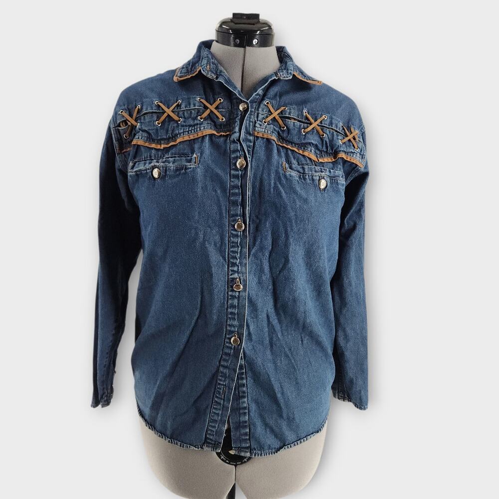 Red Rover Button Down Top Women's S Faux Leather Trim Braided Cowgirl VTG *Flaw